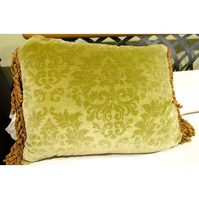 1980s Designer Handmade Green Cotton and Velvet Down Pillow With a Rope Fringe Trim For Sale - Image 4 of 5