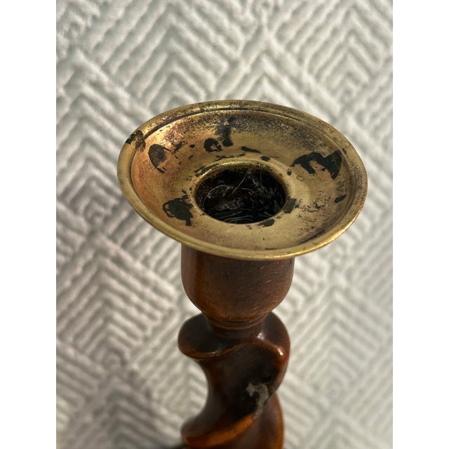 Brown Early 20th Century English Jacobean Revival Oak Barley Twist Candlesticks - A Pair For Sale - Image 8 of 12