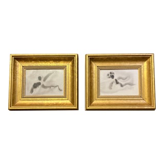 Contemporary 2 Original Abstract Ink Paintings Chunky Gold Frames-a Pair For Sale