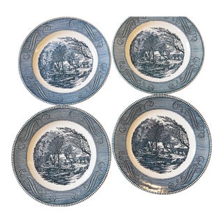Set of 4 Vintage Currier & Ives "The Old Grist Mill" Dinner Plates by Royal China Co. Usa For Sale