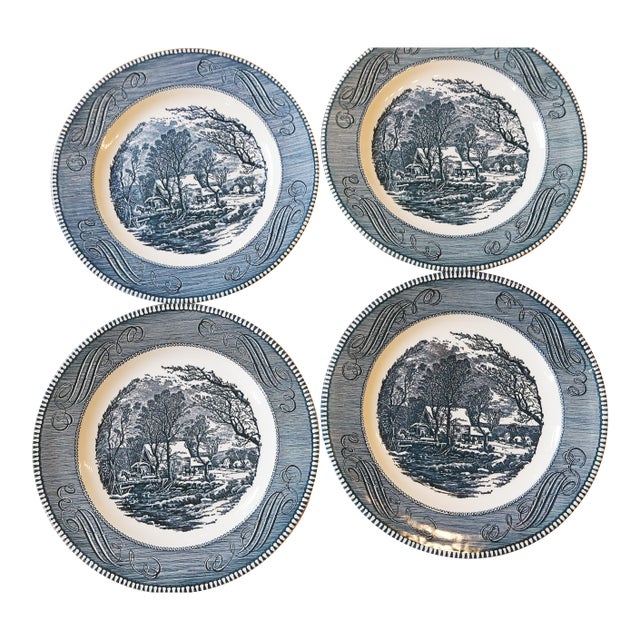 Set of 4 Vintage Currier & Ives "The Old Grist Mill" Dinner Plates by Royal China Co. Usa For Sale
