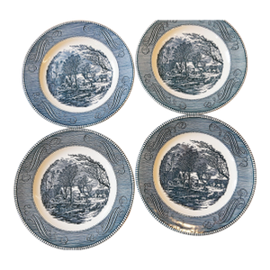 Set of 4 Vintage Currier & Ives "The Old Grist Mill" Dinner Plates by Royal China Co. Usa