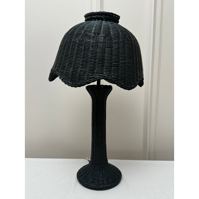 Vintage Boho Chic Wicker Mushroom Shaped Scalloped Edge Table Lamp, Dark Green For Sale - Image 4 of 11