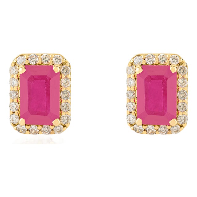 18k Gold 1.21 Ct Octagon Ruby & Diamond Halo Statement Stud Earrings- A Pair For Sale