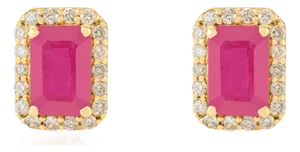 18k Gold 1.21 Ct Octagon Ruby & Diamond Halo Statement Stud Earrings- A Pair