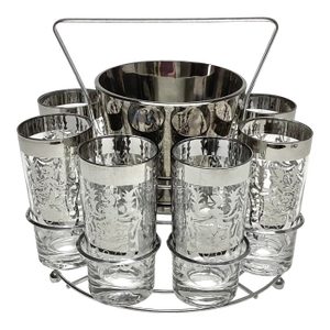 Vintage Kimiko Silver Guardian Shield Bar Set - 8 Tumblers Ice Bucket Caddy