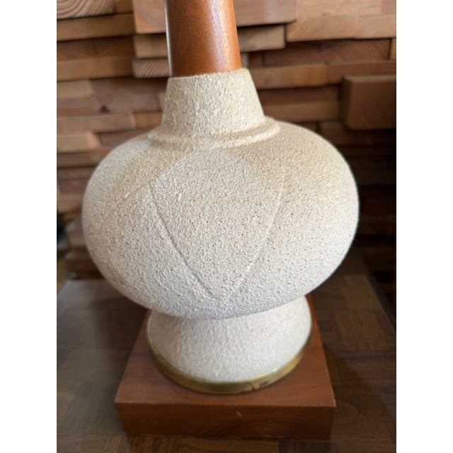 1960s Mid-Century Modern Textured Ceramic & Walnut Table Lamps With Original Tall Drum Shades - Pair For Sale - Image 9 of 12