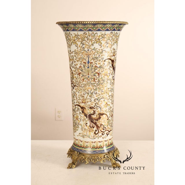 Hand Painted Porcelain Decorative Vase with Gilded Metal Base and Cap For Sale In Philadelphia - Image 6 of 17