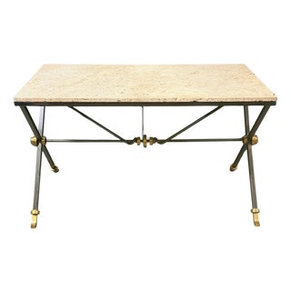 Maison Jansen Iron & Brass Neoclassical Console Table Coquina Stone Top, 1970s For Sale