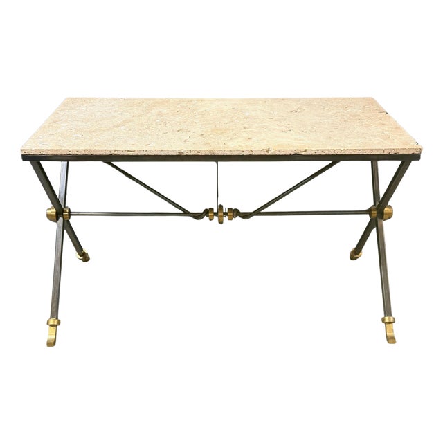 Maison Jansen Iron & Brass Neoclassical Console Table Coquina Stone Top, 1970s For Sale