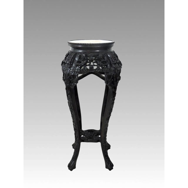 Chinoiserie Antique Chinese Carved Rosewood & Inset Marble Top Four Dragons Pedestal or Plant Display Stand For Sale - Image 3 of 8