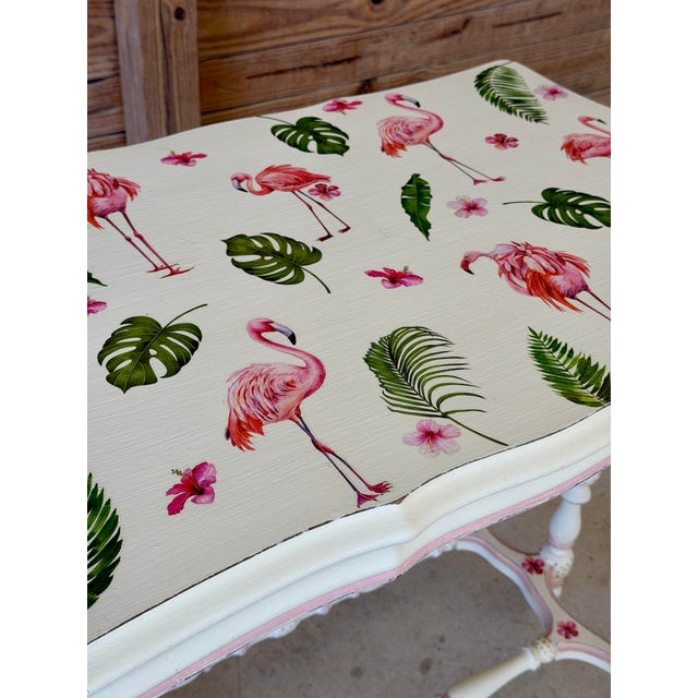 Coastal Antique Console Table With Custom Flamingo Decoupage Top | Hand-Painted Coastal Piece For Sale - Image 3 of 12