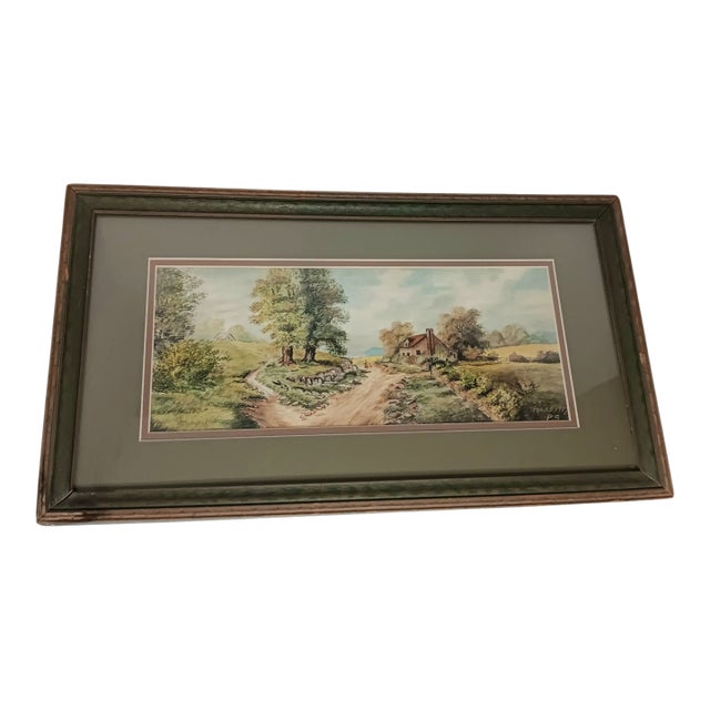 Antique 1919 Vintage Landscape Watercolor Painting House Barn Dirt Road, Framed For Sale