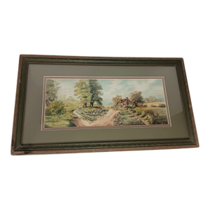 Antique 1919 Vintage Landscape Watercolor Painting House Barn Dirt Road, Framed