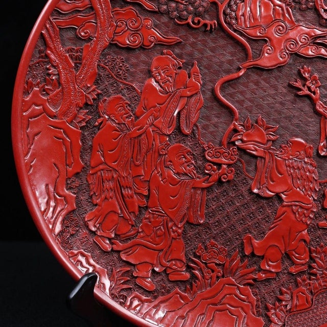Red Late 20th Century Carved Cinnabar Lacquer Charger With Scholars and Pine Tree Scene For Sale - Image 8 of 9