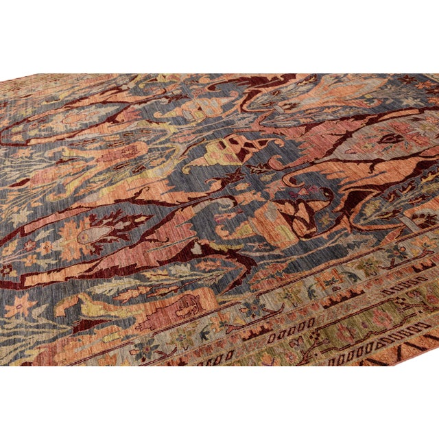 Modern Bidjar Style Hand-Knotted Wool Rug –Botanical Motifs in Blue & Terracotta For Sale - Image 9 of 11