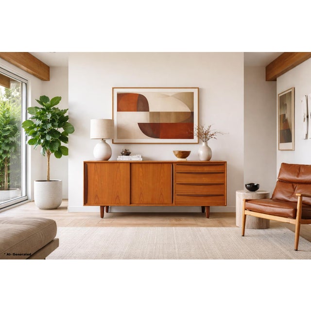 This exceptional 1960s Danish modern teak credenza by Svend Age Madsen for Falster Mobelfabrik exemplifies the refined...