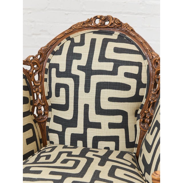 African Geometric Print Fabric on French Antique Chair For Sale - Image 4 of 11