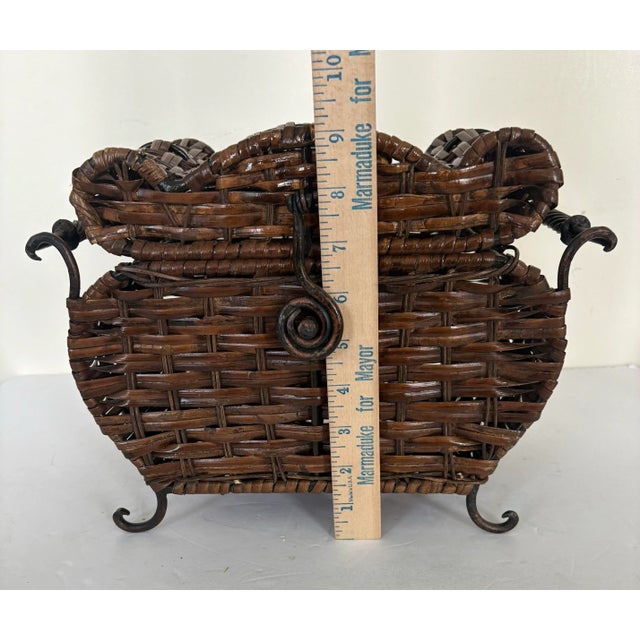 Antique Arts & Crafts Wicker Sewing Basket With Wrought Iron Handles, C. 1900 For Sale - Image 9 of 11