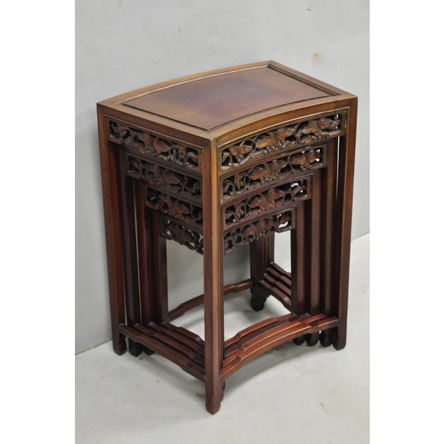 Vintage Chinese Carved Hardwood Curved Frame Nesting Side Tables - Set of 4 For Sale - Image 16 of 18