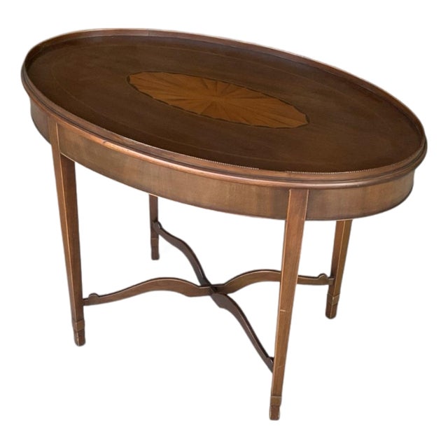 Antique English Edwardian Mahogany & Satinwood Marquetry Oval Occasional Table England C. 1900 For Sale
