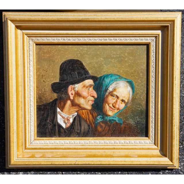 Incredibly detailed near three dimensional portrait painting of an elderly couple. Oil on wood panel. Inscribed illegibly...