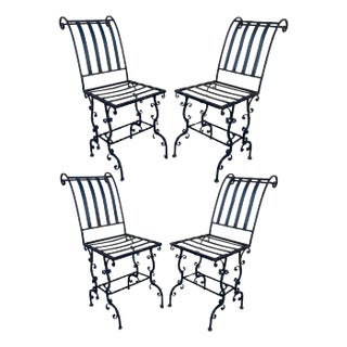 Antique French Art Nouveau Scrolling Iron Garden Patio Side Chairs - Set of 4 For Sale