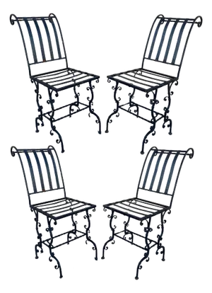Antique French Art Nouveau Scrolling Iron Garden Patio Side Chairs - Set of 4