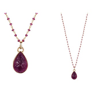 Rubelite Pear Shape Carved Pendant For Sale