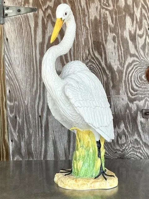 Vintage Coastal Monumental Glazed Ceramic Snowy Egret Sculpture — additional photo 3