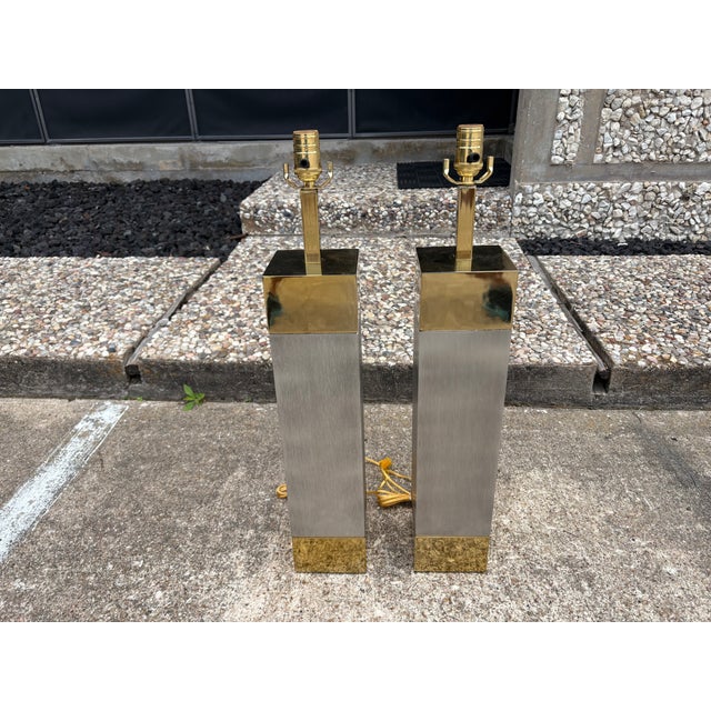 1980s Frederick Cooper Stainless Steel and Brass Lamps - a Pair For Sale - Image 12 of 14