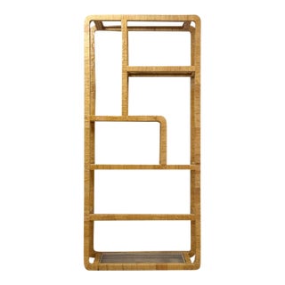 Coastal Etagere Rattan Wrapped Milo Baughman Style Five Tier Glass Shelf MCM For Sale