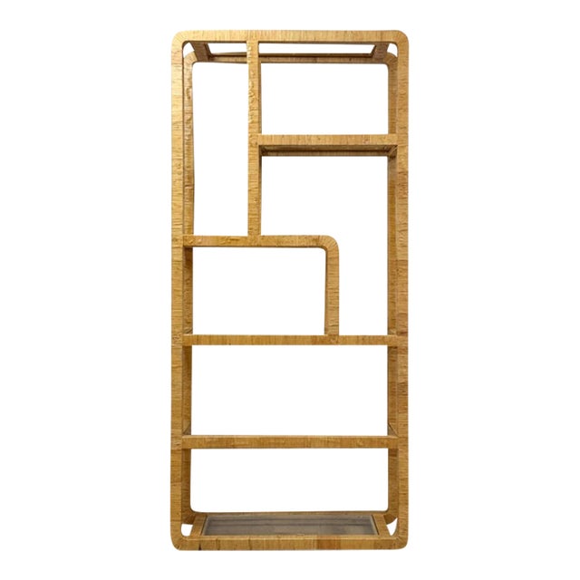 Coastal Etagere Rattan Wrapped Milo Baughman Style Five Tier Glass Shelf MCM For Sale