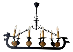 Art Deco Cast Iron Viking Longboat Chandelier, 1940s