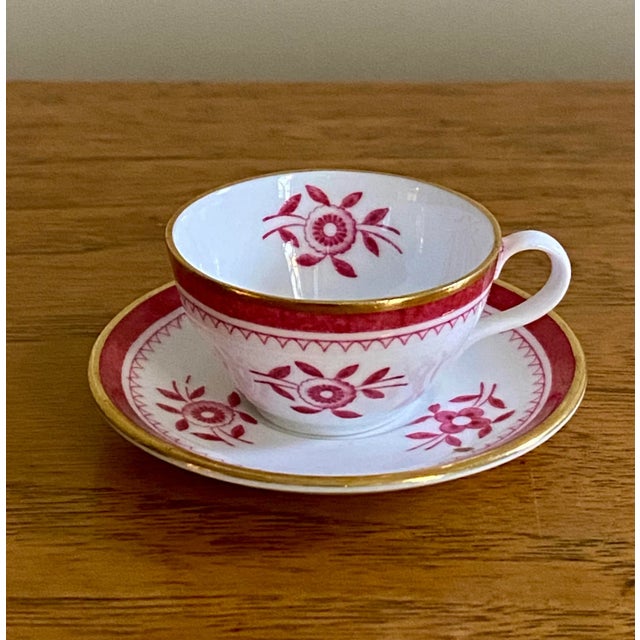 Adorable miniature Spode Copeland fine bone china teacup and saucer in Gloucester pink with gilded trim. Hand-painted...