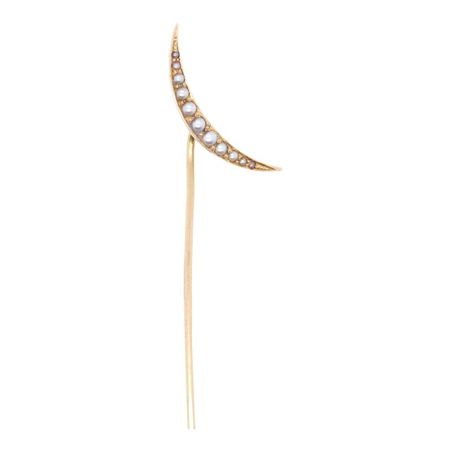 Vintage Antique 14k Gold & Seed Pearl Crescent Moon Stick Pin For Sale