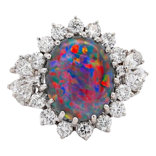 Vintage Gia Certified Black Opal Mixed Cut Diamond Halo 14k Cocktail Ring For Sale