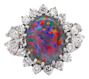 Vintage Gia Certified Black Opal Mixed Cut Diamond Halo 14k Cocktail Ring