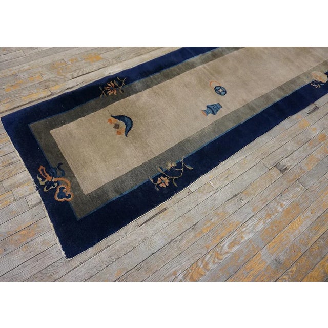 1920s Beige Minimalist Symbols Antique Chinese Peking Carpet 2'6"x 11'6" Knotted Wool Rug Runner For Sale - Image 10 of 12