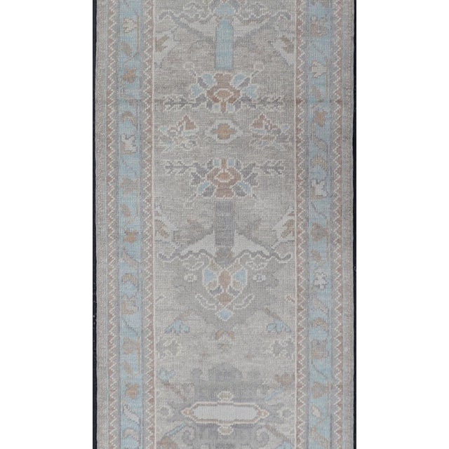 Tribal Turkish Oushak Runner in Soft Gray With Light Blue and Taupe 2'8 X 14'0 For Sale - Image 3 of 12