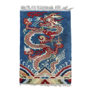 Antique Hand-Knotted Tibetan Dragon Textile Artwork Ocean Waves & Pearls– Wool 36x25