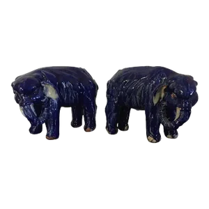 Antique Early 20th Century Chinese Porcelain Cobalt Blue Glaze Elephant Figures- A Pair