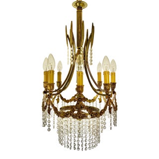 Vintage Crystal & Brass Tiered Swag Pendant Chandelier For Sale