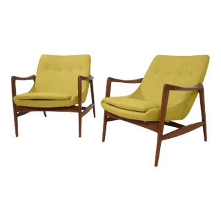 Modern Yellow Solid Walnut Mid-Century Style Lounge Chairs - a Pair For Sale