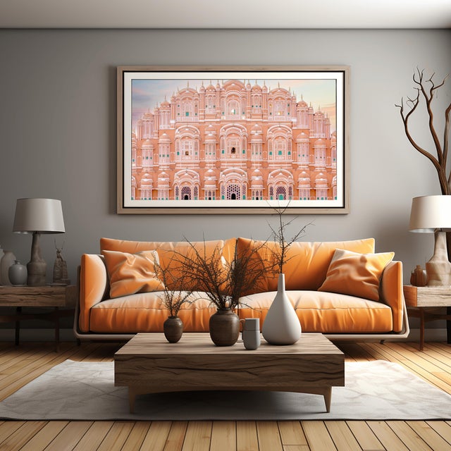 This photograph captures the intricate façade of Hawa Mahal in Jaipur, emphasizing its rhythmic windows and symmetrical...