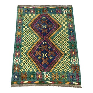 4'5" X 5'10" Green Afghan Chobi Kazak Geometric Wool Flatweave Kilim Rug For Sale