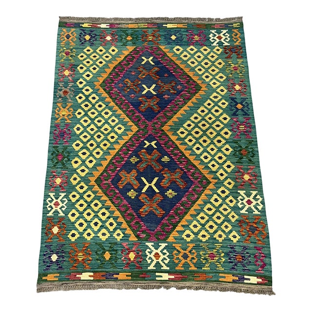 4'5" X 5'10" Green Afghan Chobi Kazak Geometric Wool Flatweave Kilim Rug For Sale