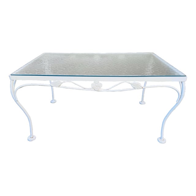 Vintage 1960s White Wrought Iron Glass Top Coffee Table For Sale