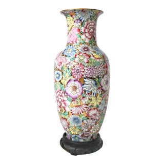 Vase Chinese Porcelain Flowers & Stand For Sale