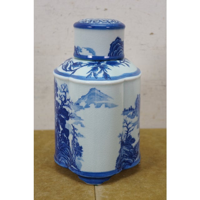 Chinese Chinoiserie Blue & White Pagoda Mountain Landscape Tea Caddy 11" For Sale - Image 4 of 16